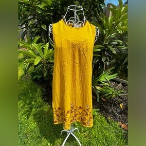 Blue Rain Womens Sleeveless Dress Size Large Embroidered Floral Hem Mustard Sz S